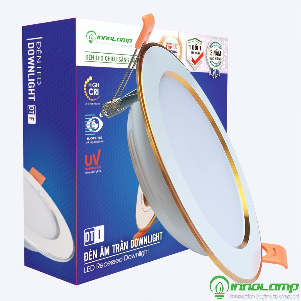 Đèn LED âm trần Downlight 12W mẫu DTF viền Vàng